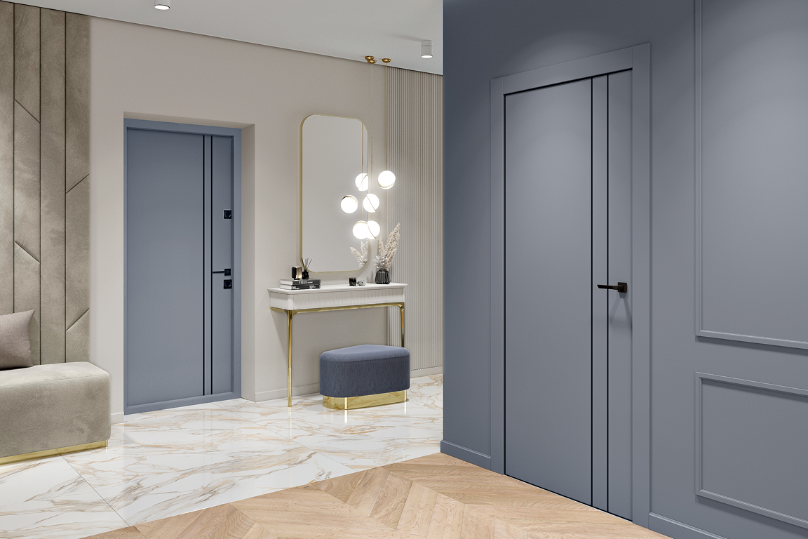 Входные и межкомнатные двери в едином стиле — серо-голубые полотна с лаконичным дизайном.