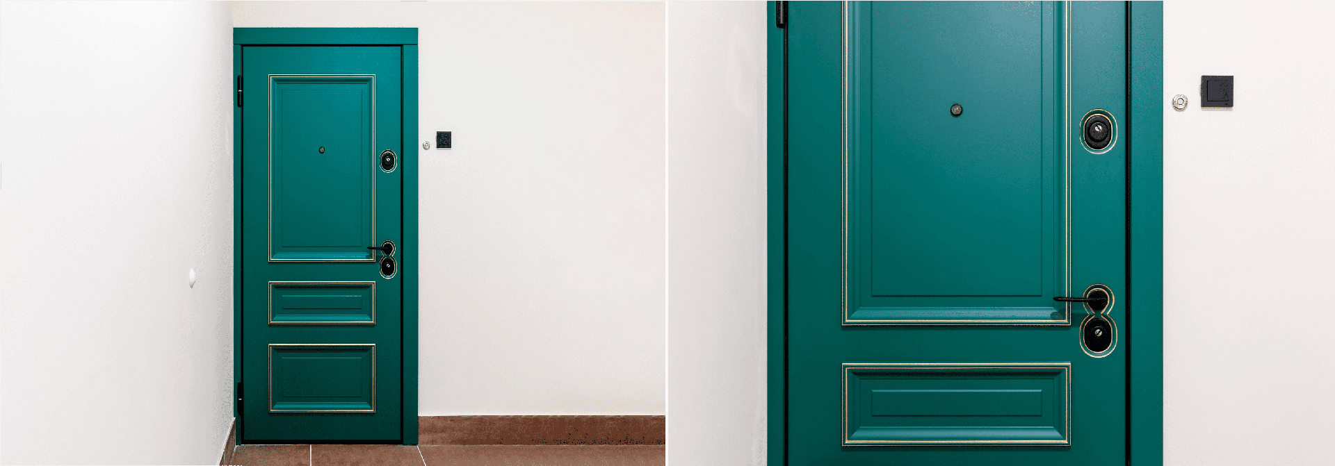 Входная дверь в дом и квартиру — модель насыщенного зеленого цвета с декоративными панелями.