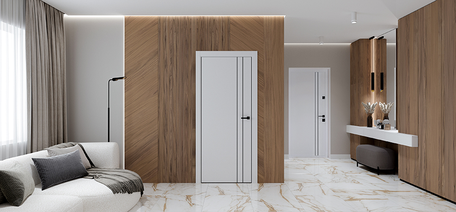 Входные и межкомнатные двери в одном стиле оформлены в белом цвете со строгими линиями.