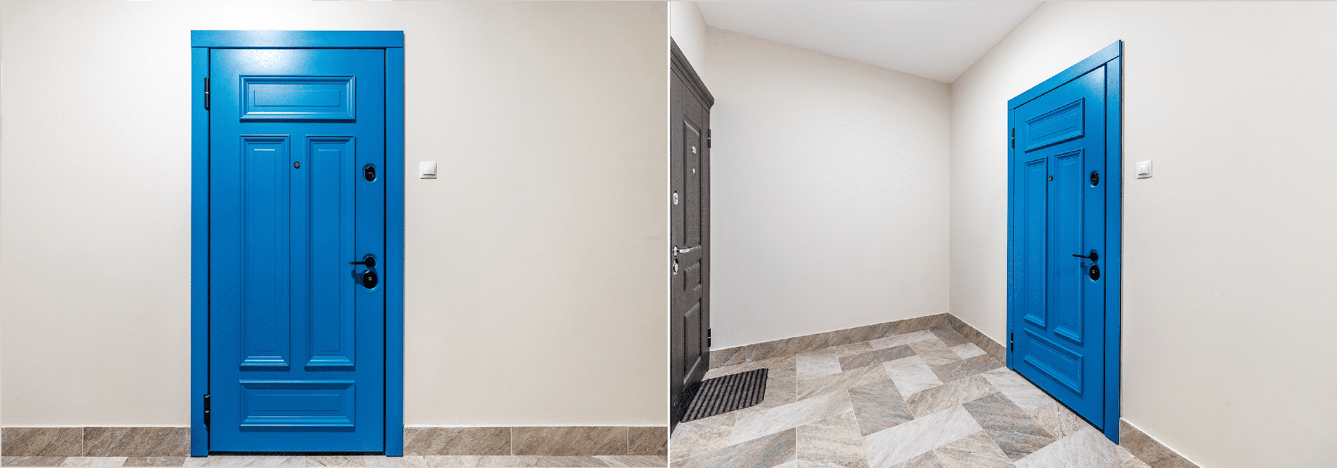 Входная и межкомнатная дверь в едином стиле с синим полотном и чёрной фурнитурой.