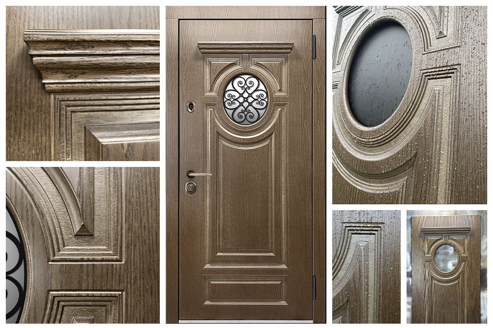 Фрезеровка Оак панель  на наружной стороне двери — дубовая отделка с геометрическим рисунком.