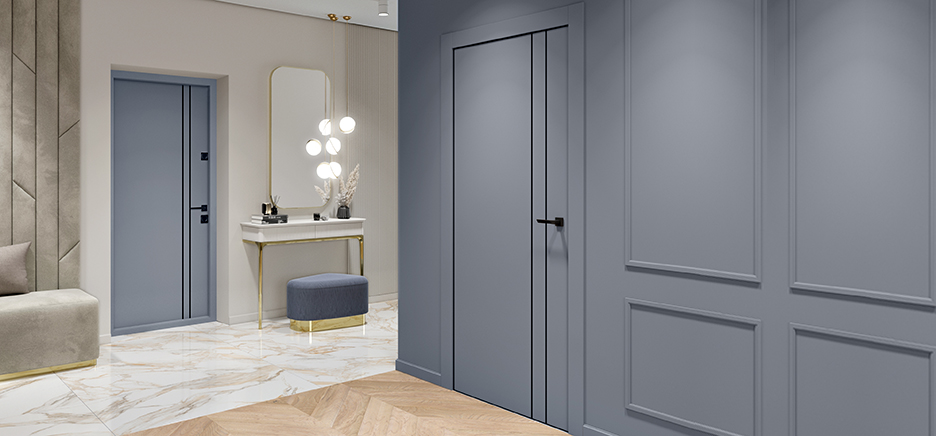 Входные и межкомнатные двери в едином стиле — современные конструкции с серо-голубым цветом.
