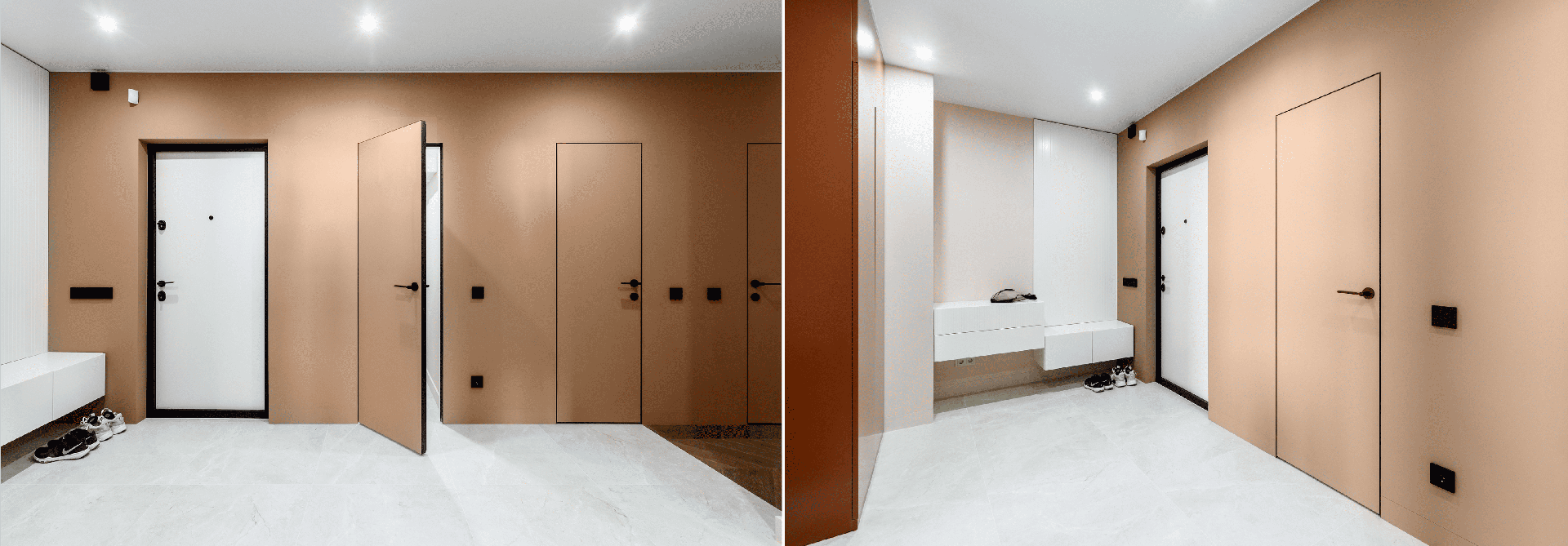 Входная и межкомнатная дверь в одном стиле подчёркивают современный интерьер в стиле минимализм.