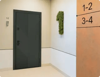 Входная дверь с шумоизоляцией тёмного цвета выполненная в современном стиле.