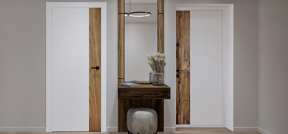 Входные и межкомнатные двери в едином стиле с деревянными вставками и чёрной фурнитурой.