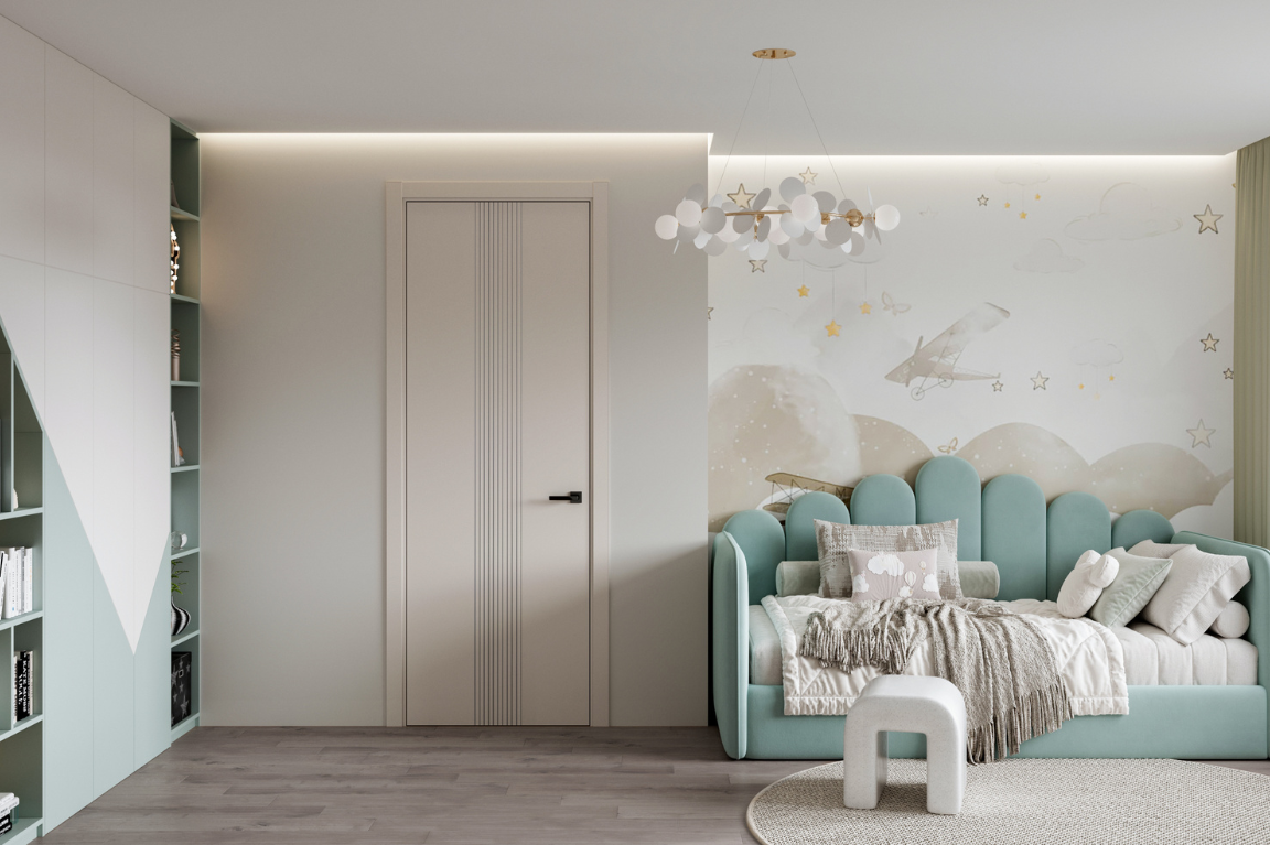 Межкомнатная дверь эмаль — полотно светлого цвета с вертикальными декоративными линиями.