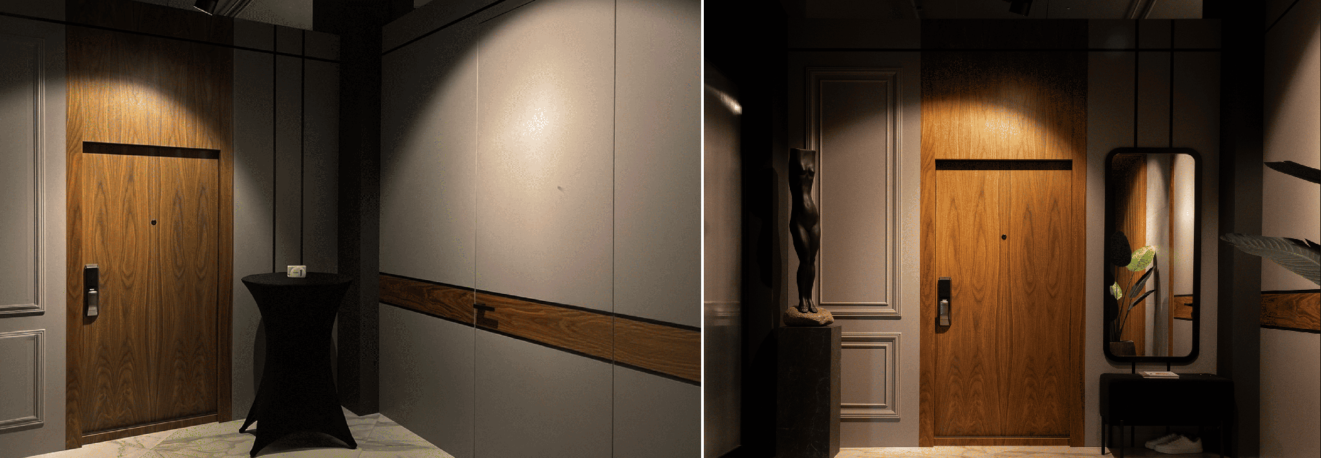 Двери в едином стиле «Стальная линия» с декоративной отделкой под натуральное дерево.
