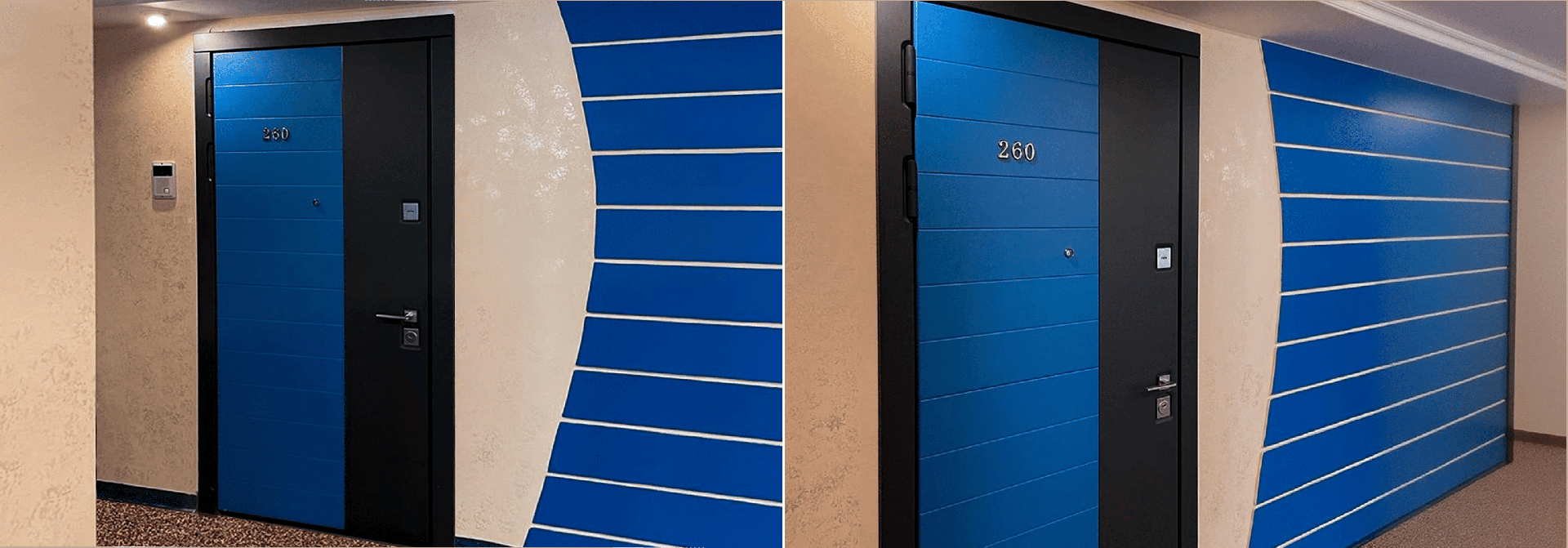 Входная и межкомнатная дверь в одном стиле с чёрным полотном и синим оформлением.