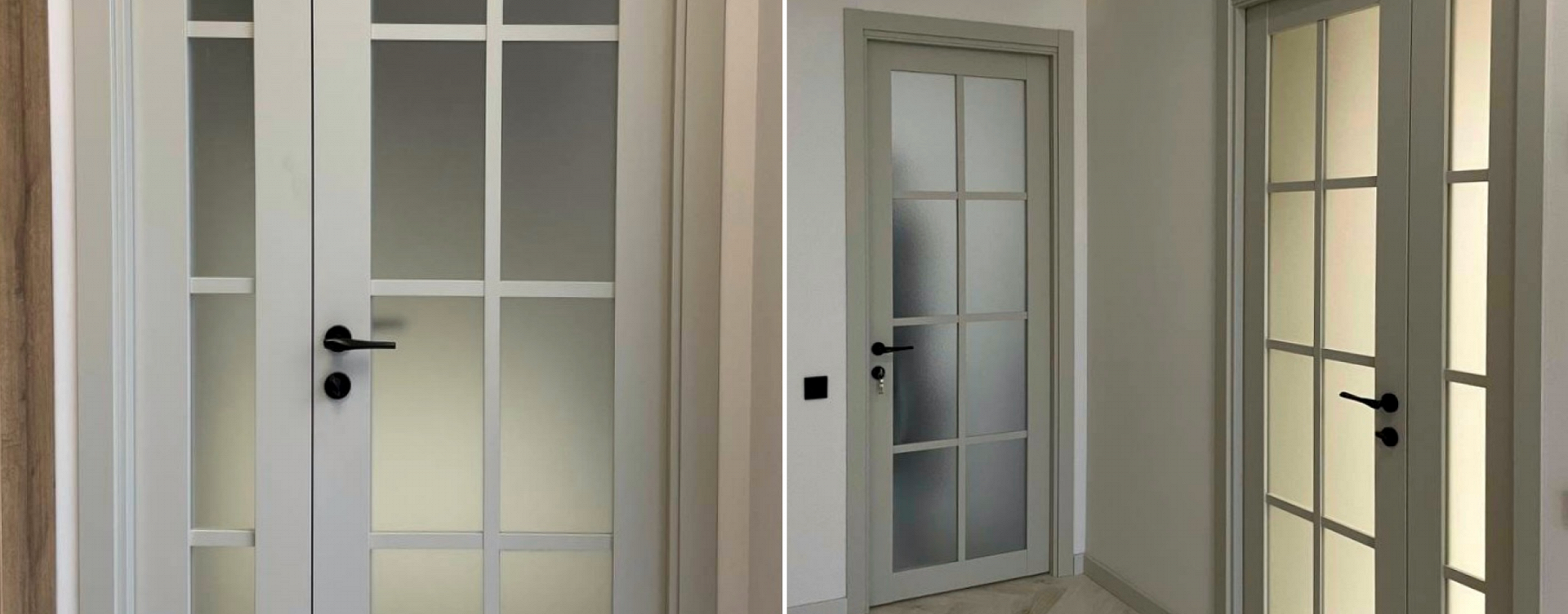 Межкомнатные двери в дом и квартиру в современном стиле с прямоугольными стеклянными панелями.