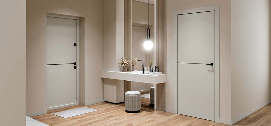 Входные и межкомнатные двери в одном стиле — светлые полотна с чёрной фурнитурой в бежевой гамме.