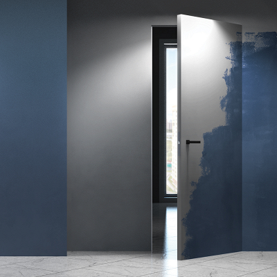 Скрытая дверь с гладкой поверхностью и чёрной фурнитурой — интерьера с градиентной стеной.