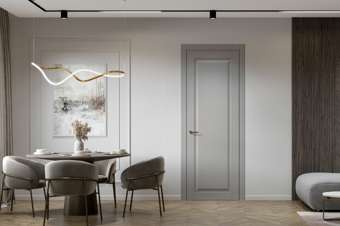 Межкомнатная дверь в эмали светлого цвета подчёркивает сдержанную палитру интерьера.