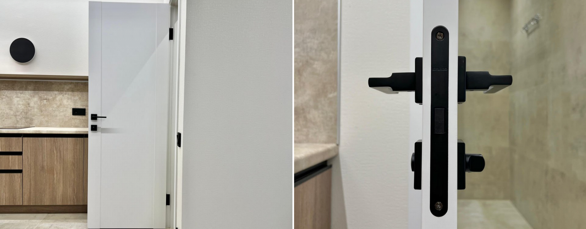 Межкомнатные двери в дом и квартиру выполнены в белом цвете с чёрной фурнитурой.