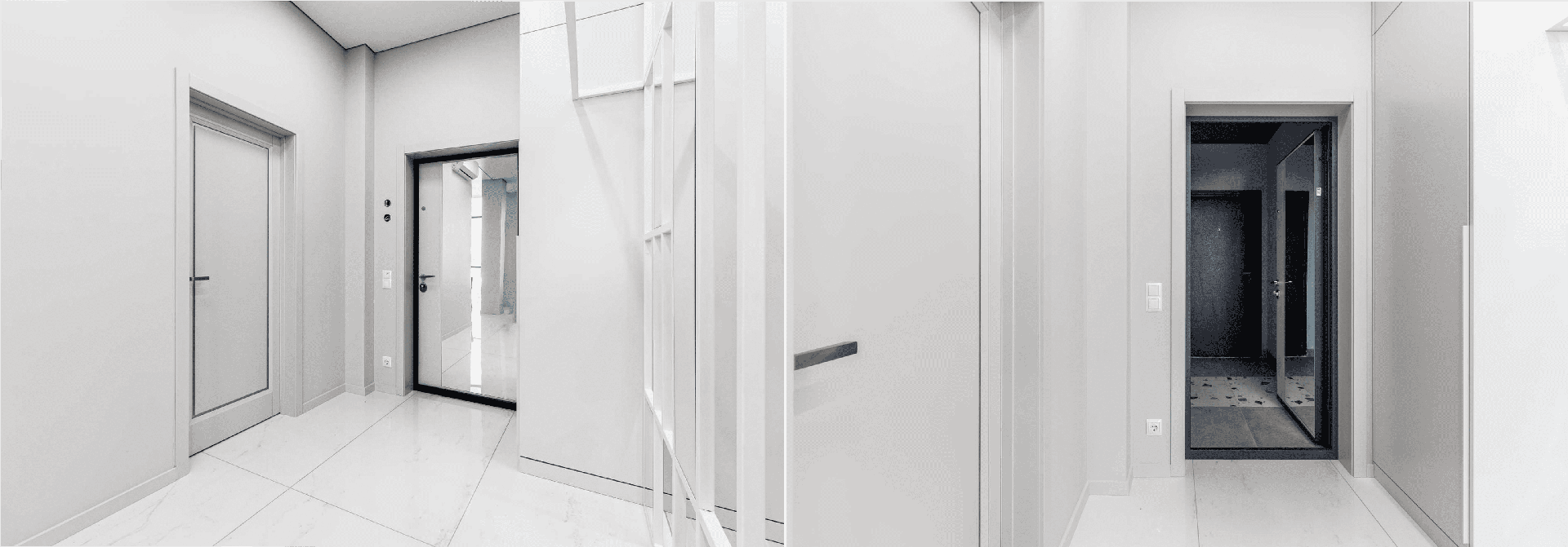 Входная и межкомнатная дверь в одном стиле оформлены в светлой гамме  с минималистичным интерьером.