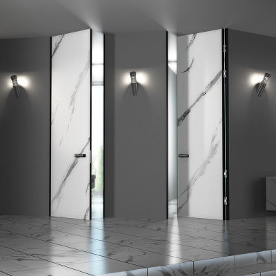 Дверь скрытого монтажа с отделкой под мрамор в современном интерьере с подсветкой.