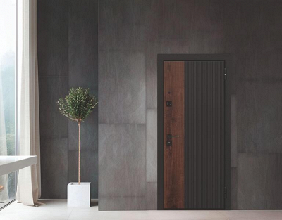 Входная дверь в квартиру в Санкт-Петербурге. Дверь выполнена с сочетанием деревянных и темных материалов.