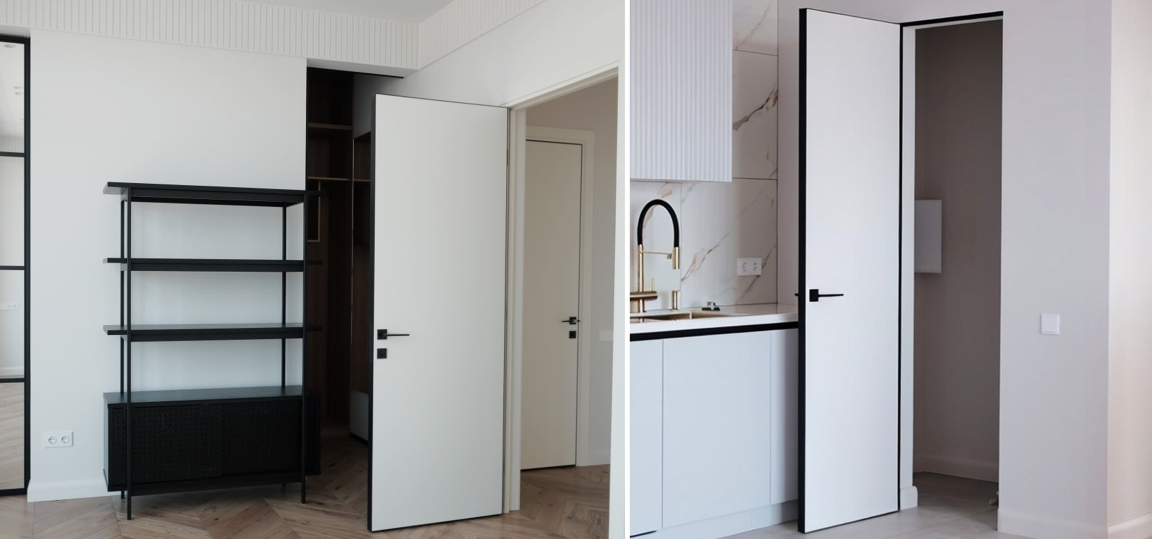  Межкомнатные двери в дом и квартиру выполнены в белом цвете с гладким полотном и чёрной фурнитурой.