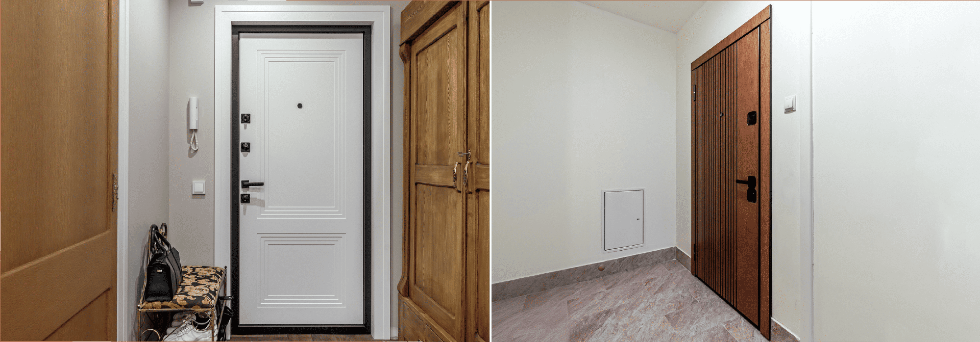 Входная и межкомнатная дверь в едином стиле оформлены в светлых тонах с чёрной фурнитурой.