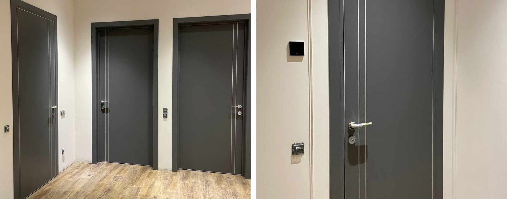 Межкомнатные двери в дом и квартиру в сером цвете с вертикальными линиями и серебристыми ручками.