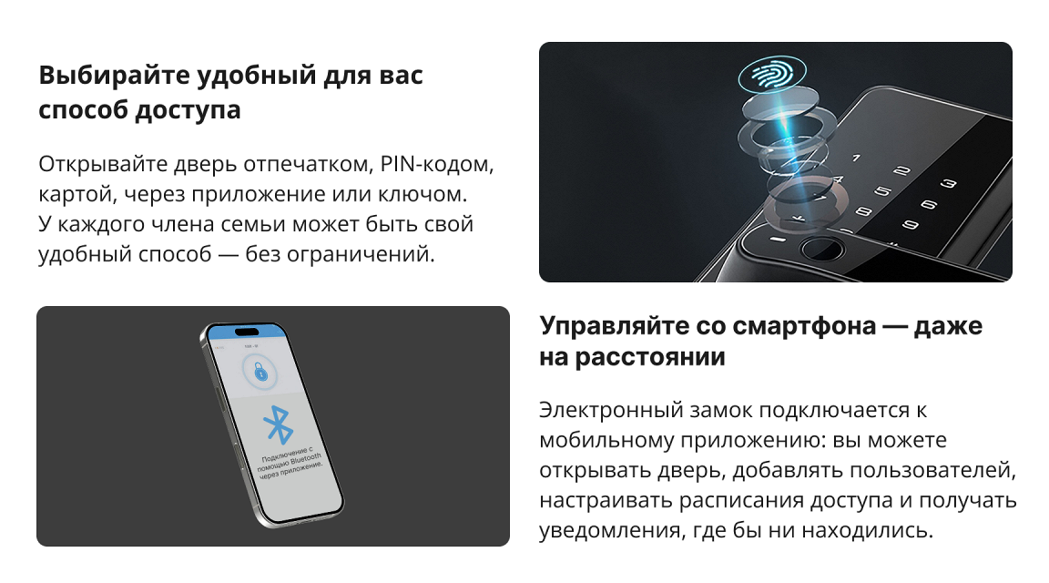 Электронные замки для входных дверей — управление доступом и уведомления прямо с телефона.