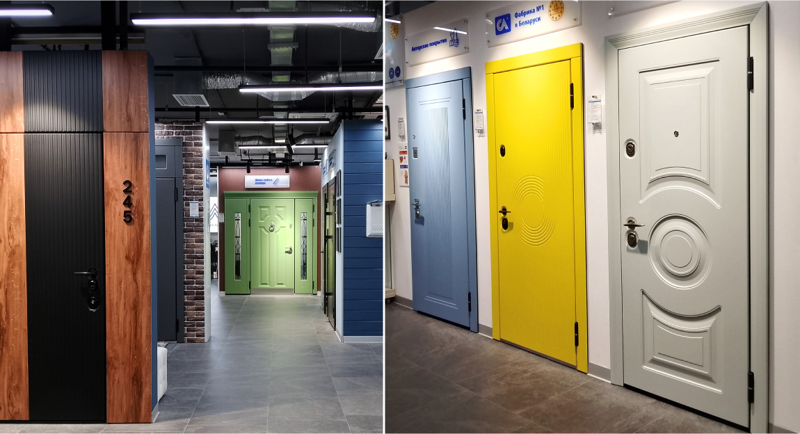 Входные двери в крупнейшем салоне «Стальная линия» на Урале — разнообразие дизайнов и цветов.