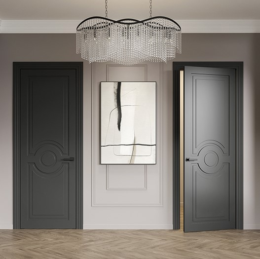 Межкомнатные двери эмаль выполнены в графитовом цвете с классической фрезеровкой.