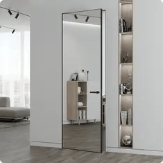 Межкомнатная дверь с зеркалом и минималистичным дизайном подчёркивает стиль интерьера.