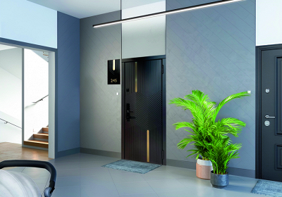 Темная входная металлическая дверь в квартиру в Санкт-Петербурге. Дверь имеет полосы и две золотые вставки.