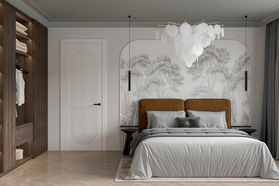  Межкомнатные двери эмаль со светлым покрытием и фурнитурой темного цвета.