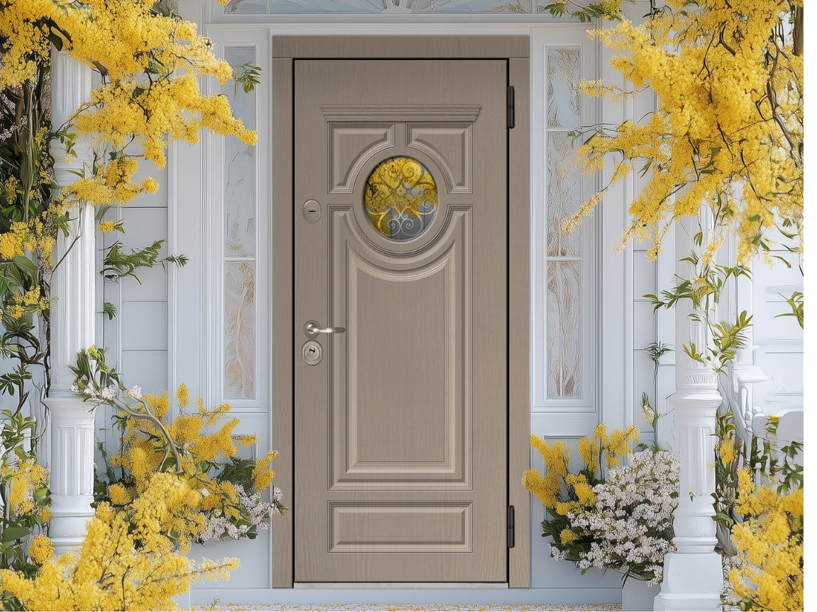 Входная дверь с отделкой Oak Panel и круглым окном — классический стиль со светлым исполнением.