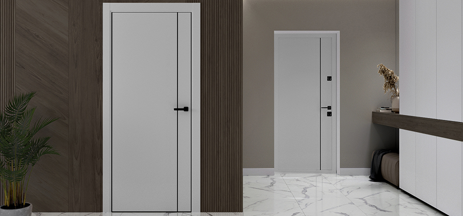 Входные и межкомнатные двери в одном стиле — гладкие светлые поверхности с темной фурнитурой.