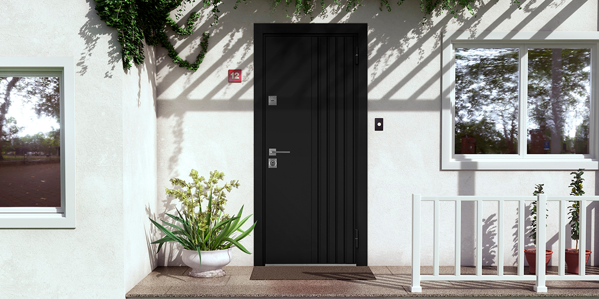 Черная входная дверь с баффелями