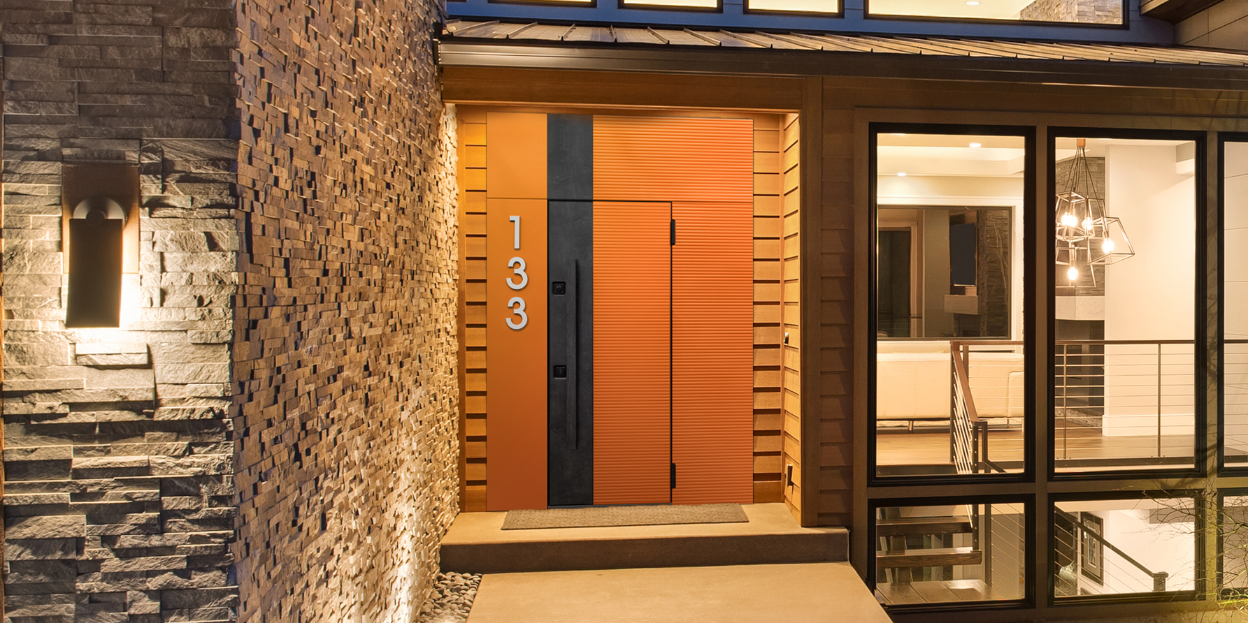 Яркая дверь с подсветкой рейлинга